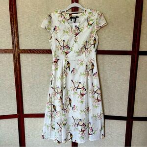 Wifing Floral Bird Print Midi Cap Sleeve Lined Cotton Sundress - Medium